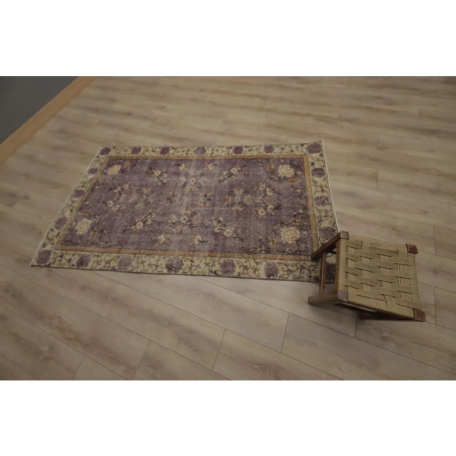 1970s Floral Design Art Deco Purple Oushak Accent Rug For Sale - Image 4 of 10