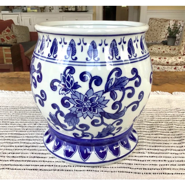Nantucket Home Cobalt Blue and White Porcelain Planter. Footed base and classic botanical pattern. Delft blue and white.