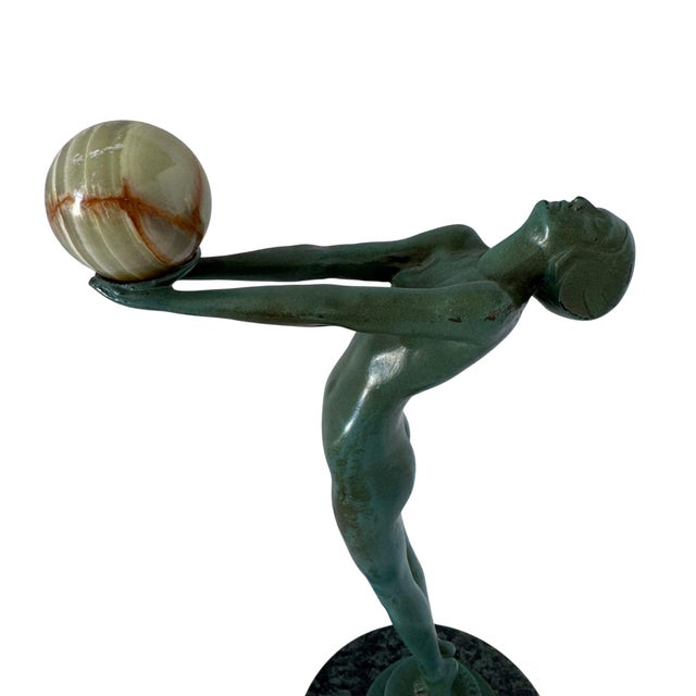 1960s Max Le Verrier "Lueur" French Art Deco Figural Sculpture With Onyx Sphere For Sale In Los Angeles - Image 6 of 17