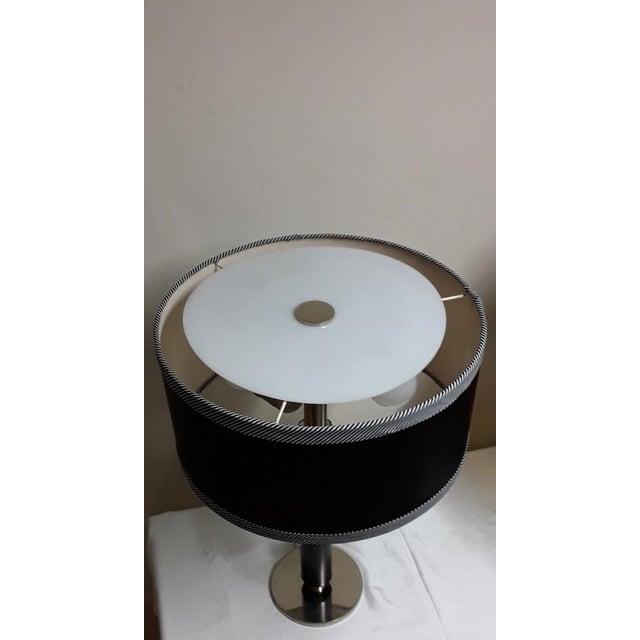 1970s Vintage Table Lamp with Chrome-Plated Metal Foot & Glass Insert and with Black Synthetic Leather Covered Column and Umbrella, 1970s For Sale - Image 5 of 9