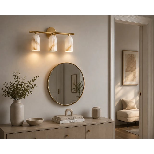 Handcrafted Brass 3-Light Vanity Sconce With Natural Alabaster Shades, Luxury Bathroom Lighting For Sale - Image 4 of 9