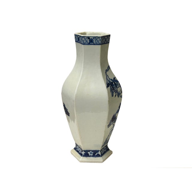 Vintage Chinese Blue White Hexagonal Flower Bird Porcelain Vase For Sale - Image 12 of 15