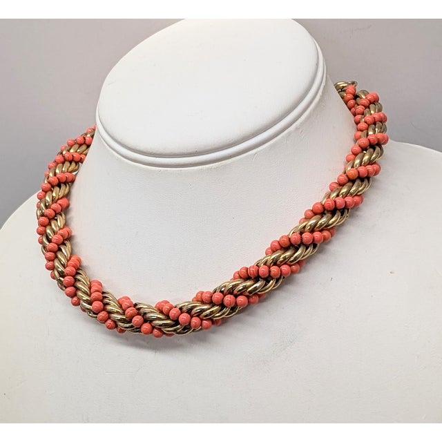 Mid-Century Modern Vintage 1950s Signed Napier Goldtone Spiral Faux-Coral Beaded Collar Necklace For Sale - Image 3 of 8