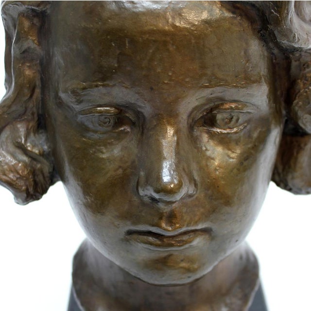 J.G., Bust of Girl, 1940s, Bronze and Wood For Sale - Image 13 of 15