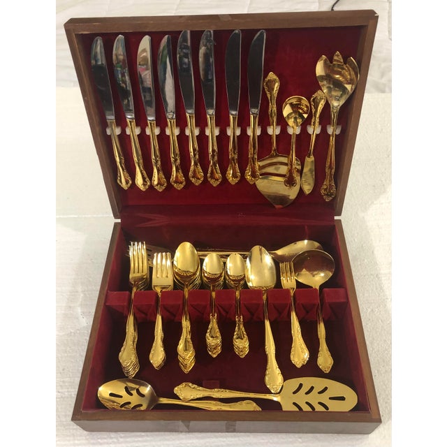 Beautiful vintage 66 piece Estia Golden Cascade gold flatware set. Full set of 8 with plenty of serving pieces as well....