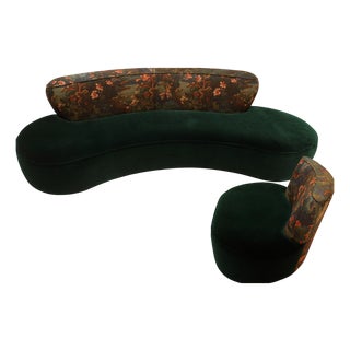 Mid-Century Modern Green and Forest Motif Curved Sofa and Armchair, France, Set of 2 For Sale