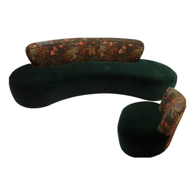 Mid-Century Modern Green and Forest Motif Curved Sofa and Armchair, France, Set of 2 For Sale