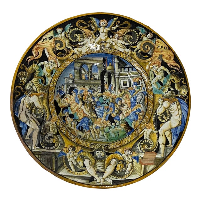 19th Century Italian Majolica Dish With Renaissance Figures For Sale