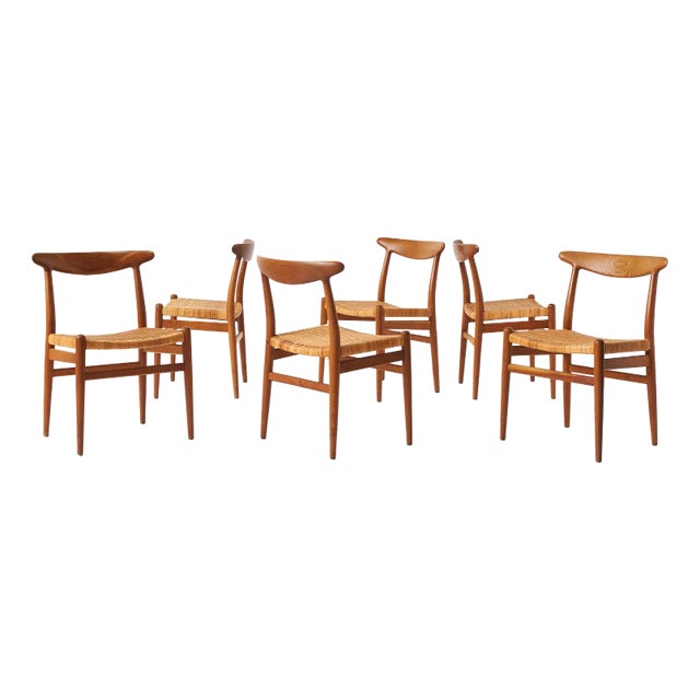 Set of 5 1950s Oak & Cane W2 Chairs by Hans Wegner For Sale