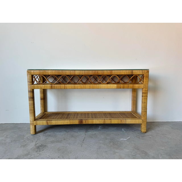 Vintage Coastal Rattan Two-Tier Console Table With Glass Top/Sold For Sale - Image 10 of 12