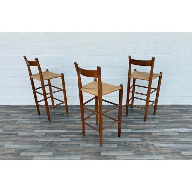 1970s Set of 3 Danish Modern Style Oak Bar Stools With Rush Seats | Mid-Century For Sale - Image 17 of 18