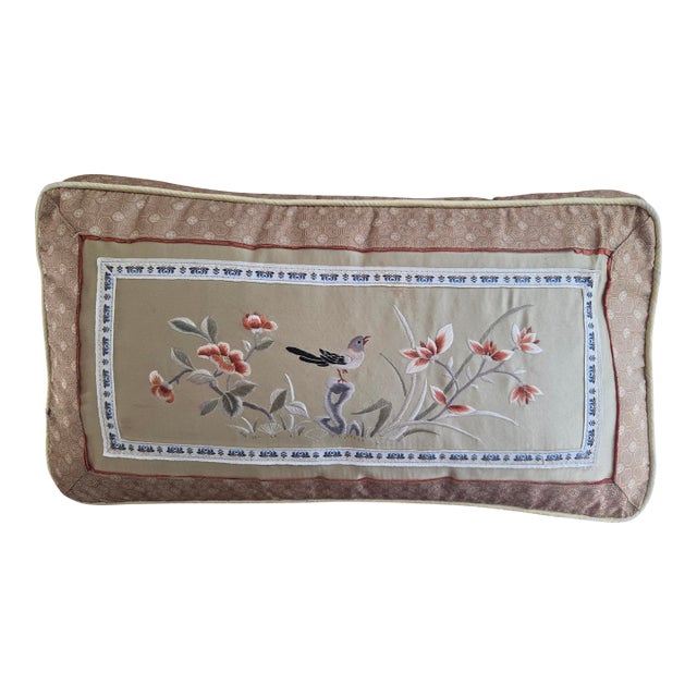Vintage Bird Embroidered Chinese Silk Pillow For Sale