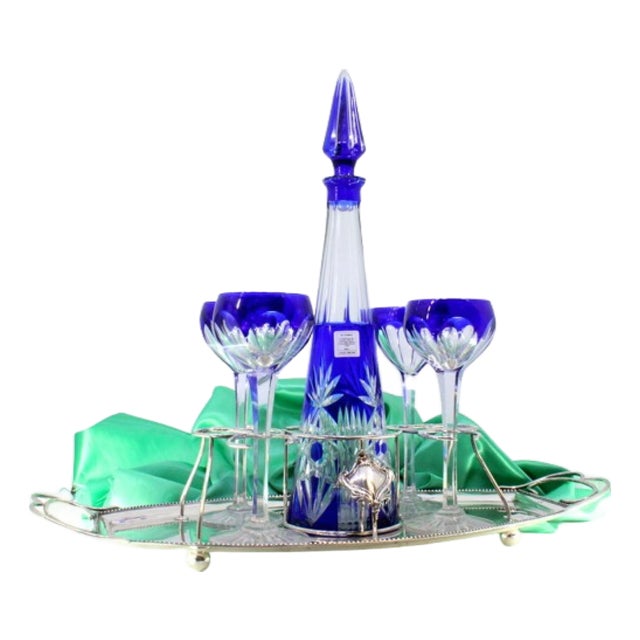 Acid Etched Glass Liqueur Decanter with Glasses and Tray, Set of 6 For Sale
