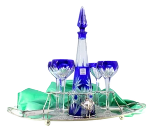 Acid Etched Glass Liqueur Decanter with Glasses and Tray, Set of 6