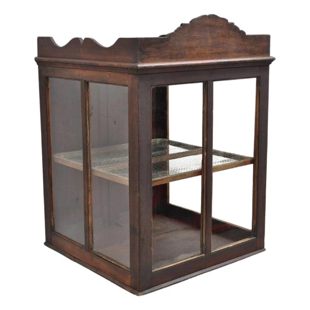 Antique Wood & Glass Counter Top Display County Store Pie Safe Retail Cabinet For Sale