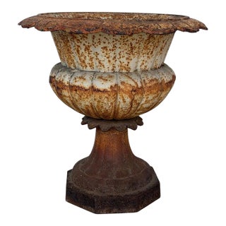 Antique French Cast Iron Garden Urn, Distressed Patina, 19th Century For Sale