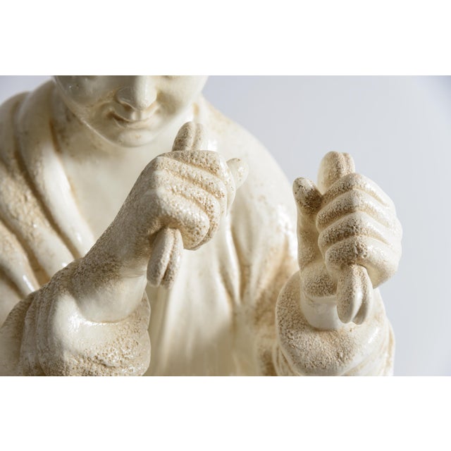 Italian Glazed Terracotta Chinoiserie Monumental Figures on Pedestals For Sale - Image 12 of 16