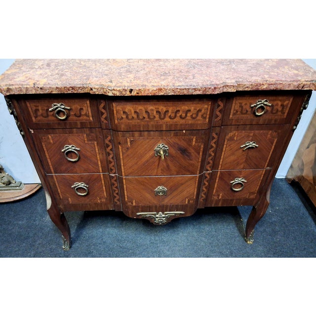 Louis XV-Louis XVI Transition Style Inlaid Bombé Commode with Marble Top For Sale - Image 5 of 7