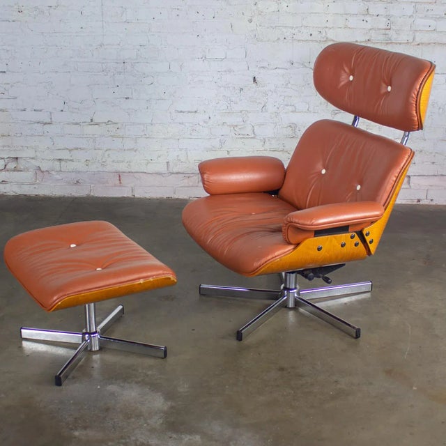 MCM Style Mid to Late 20th Century Plycraft Lounge Chair & Ottoman in Saddle Color Italian Leather For Sale - Image 9 of 18