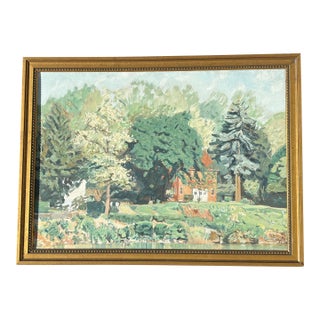 Mid 20th C. Original Oil on Canvas - Estate Landscape Scene For Sale