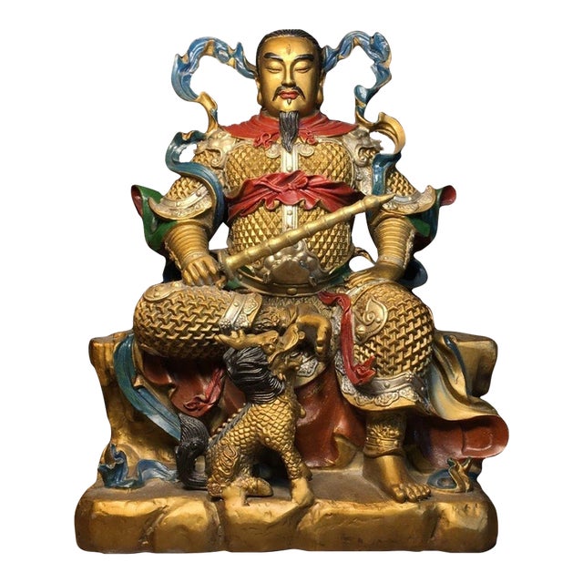 Copper Zhenwu Emperor With Mythical Beast, 12" H For Sale