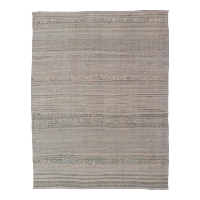 Textured Horizontal Stripe Design Turkish Vintage Kilim Rug in Soft Pastels For Sale