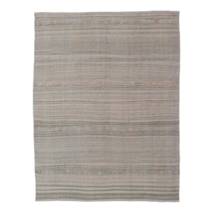 Textured Horizontal Stripe Design Turkish Vintage Kilim Rug in Soft Pastels