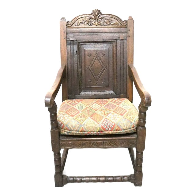Antique English Wainscott Oak Armchair For Sale