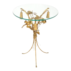 Italian Decorative Gilt Metal Flowers Round Glass Top Side End Lamp Table