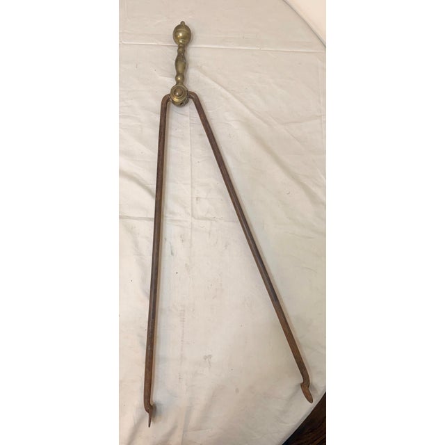 Metal Antique 18th Century Wrought Iron Turned Brass English Fireplace Tongs Tool 7 For Sale - Image 7 of 10