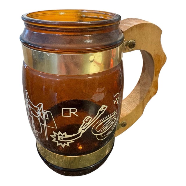 Vintage Siesta Ware Amber Glass Western Barware Set With 6 Mugs & Wood Caddy For Sale - Image 4 of 12