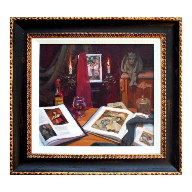1980s "Little Devil in the Detail", Realist Library Still-Life With Books and Candles by Ken DeWaard For Sale