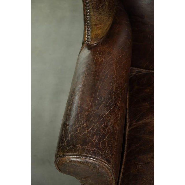 Animal Skin Large English Dark Cognac-colored Cowhide Leather Wing Armchairs, Set of 2 For Sale - Image 7 of 14