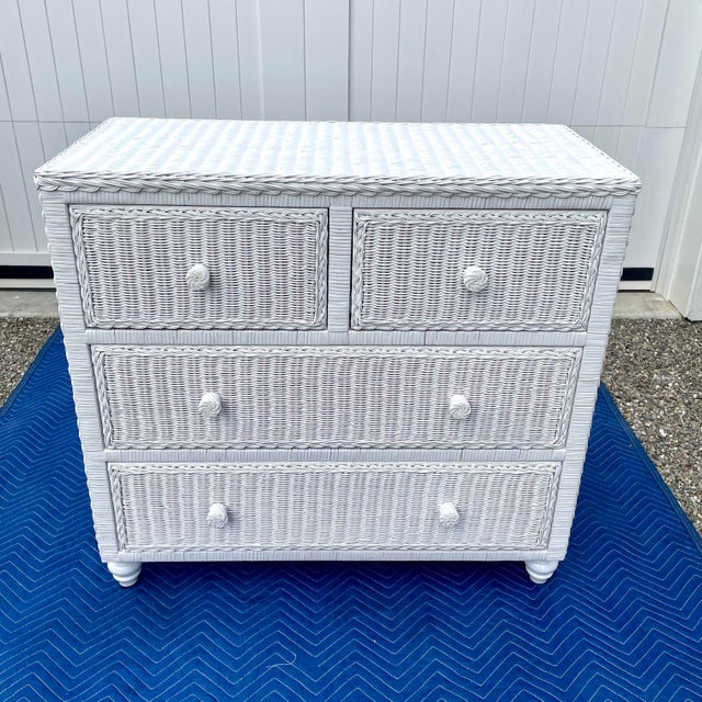 Mid 20th Century Wicker Chest of Drawers in Fresh White Lacquer With