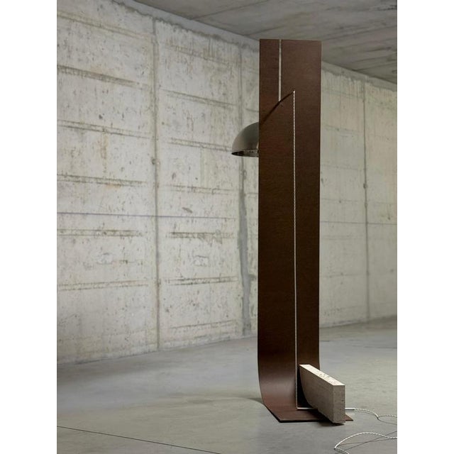 Equo X Floor Lamp in Bent Iron with Stainless Steel and Travertine by D´ARK Atelier For Sale - Image 17 of 18
