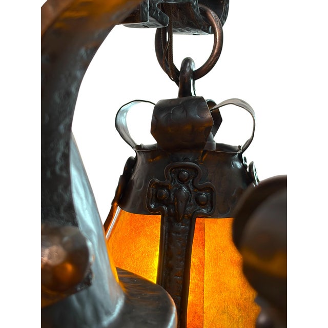 1910s Arts and Crafts 5 Light With Four Lanterns and Mica Dome Bottom Light For Sale - Image 16 of 16