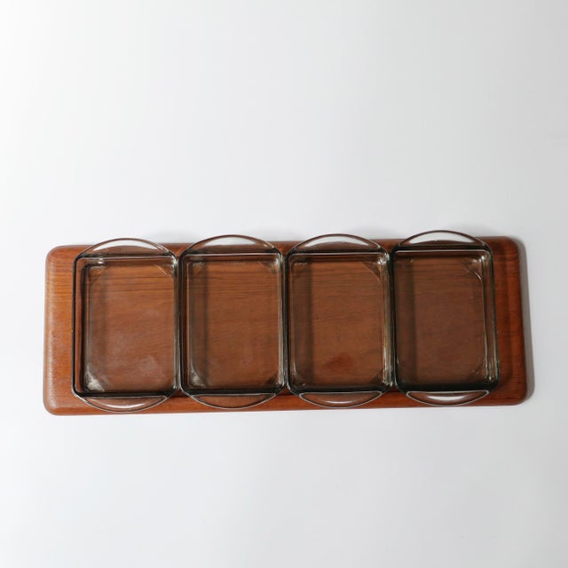 Scandinavian Teak Appetizer Tray and Glass Dishes, 1960s, Set of 5 For Sale - Image 4 of 14