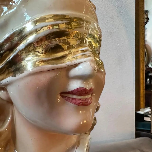 Mid-Century Modern 1950s Mid-Century Modern Policrome Ceramic Bust of the Blindfolded Goddess For Sale - Image 3 of 10