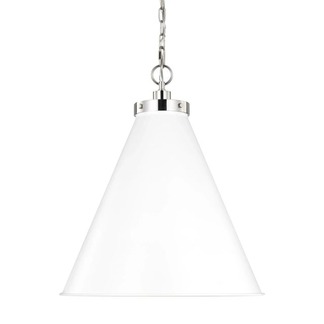 Traditional Chapman & Myers by Visual Comfort Studio Wellfleet Large Cone Pendant, Matte White & Polished Nickel For Sale - Image 3 of 6