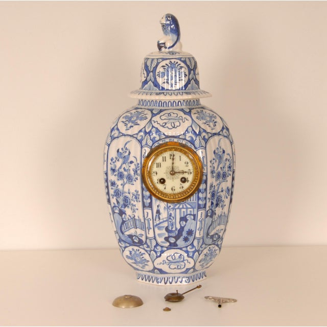 Antique Delft Vase Clock, Blue White Chinoiserie Vase Kangxi Style, Foo Dog Finial For Sale - Image 10 of 14
