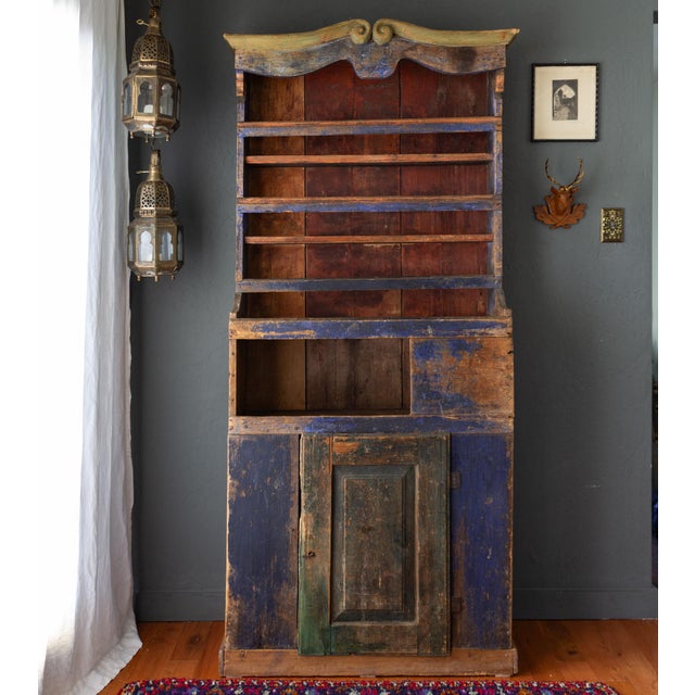 Rustic European Rustic Blue Painted 19th Century Romanian Step Back Cupboard Cabinet For Sale - Image 3 of 18