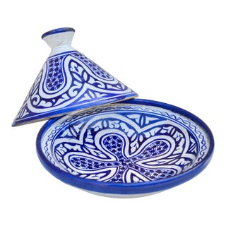 Early 20th Century Handmade Blue-Patterned Moorish Ceramic Lidded Bowl For Sale