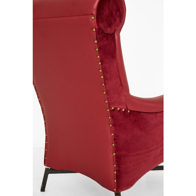 Italian Mid-Century Vinyl and Velvet Lounge Chair With Iron X-Base For Sale - Image 11 of 17