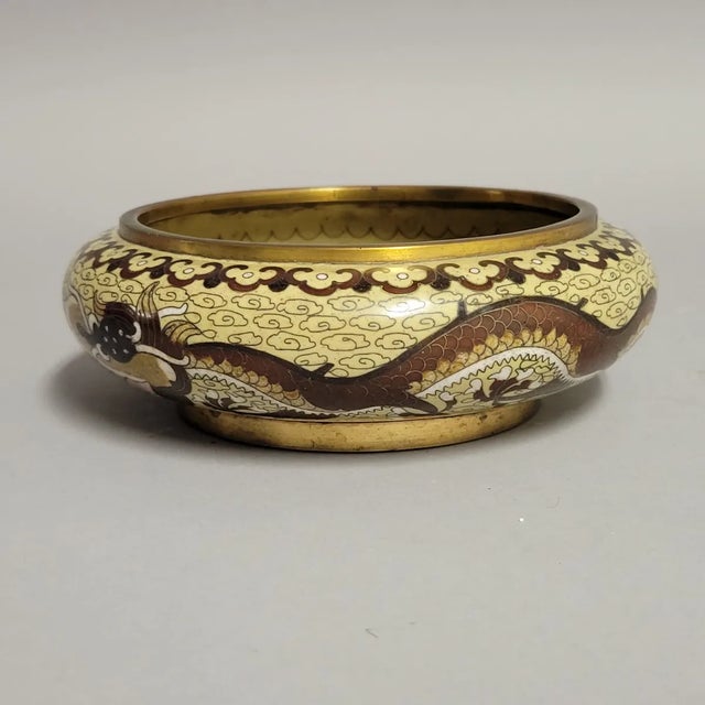 Yellow Circa-1900 Yellow Cloisonne Dragon Bowl, Chinese, Late Qing Dynasty For Sale - Image 8 of 12