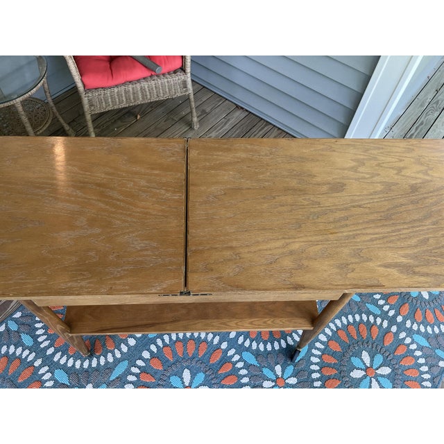 Vintage Scandinavian Mid‑Century Flip‑Top Bar Cart – Solid Oak Serving Trolley on Casters For Sale - Image 10 of 17
