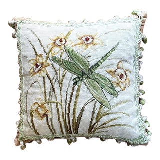 2000s Needle and Petti Point Dragonfly Pillow With Daffodils with Tassel Trim in Greens and Yellows For Sale