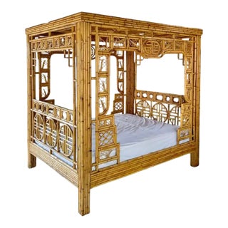 Chinese Chippendale Rattan and Bamboo Queen Canopy Bed, Palm Beach Style For Sale