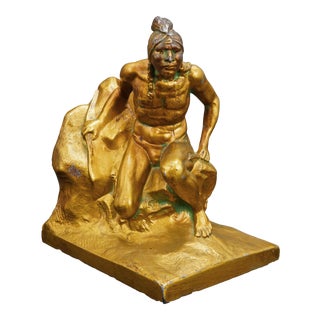 1920s Awaiting the Prey Native American Bookend For Sale