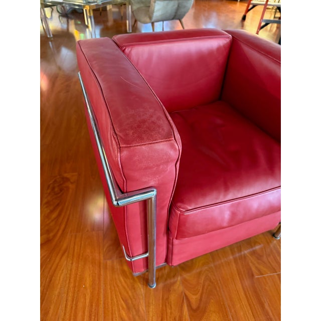 1970s Chrome and Red Leather Club Chair in the Style of Le Corbusier For Sale - Image 5 of 10