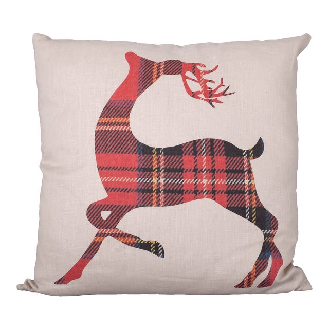 Tartan Plaid Reindeer Linen Corded Pillow For Sale